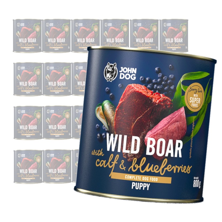 Set de 24x800g hrana umeda, John Dog, pentru catei cu carne de mistret, vitel si afine