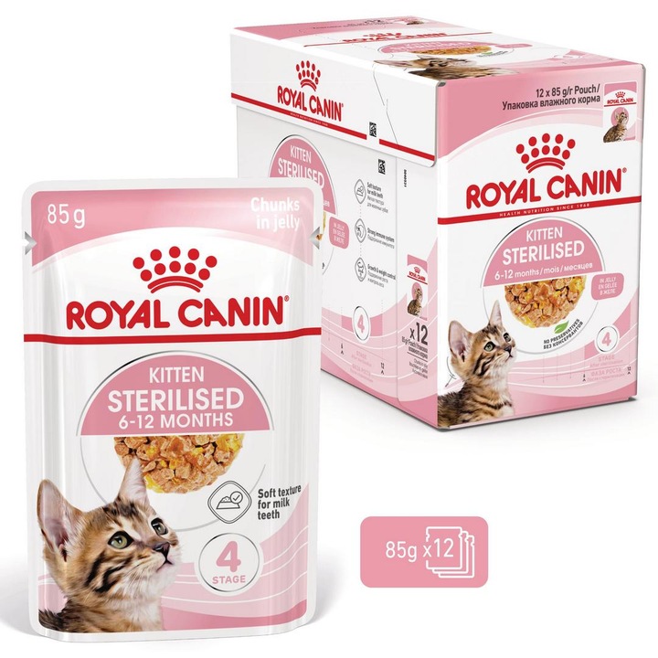 Royal Canin Kitten Sterilised set 12x85g, hrana umeda pentru pisici sterilizate, sprijina sistemul imunitar, 6-12 luni