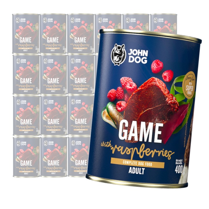 Set hrana umeda pentru caini, John Dog, carne de vanat cu zmeura, 24x400g