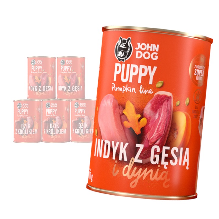 Hrana umeda John Dog pentru catei Pumpkin Line cu mistret, iepure si curcan cu gasca 6x400g