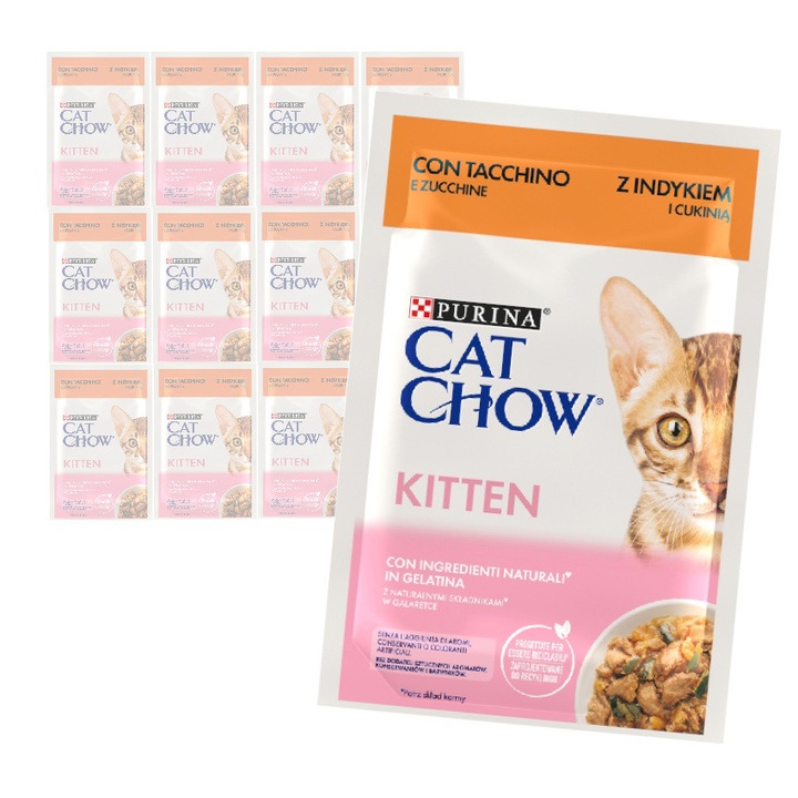 Set hrana umeda Purina Cat Chow Kitten, pentru pisici, cu curcan si dovlecel in jeleu, set 12x85g