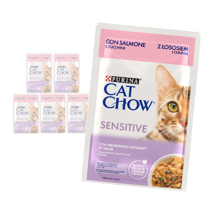 Hrana umeda pentru pisici, Purina Cat Chow Sensitive, cu somon si dovlecel, set 6x85g