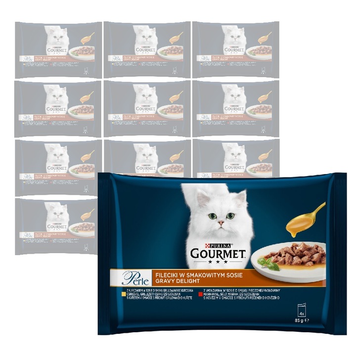 Hrana Umeda pentru Pisici cu Pui si Vita, Purina Gourmet Perle, Fileuri in Sos Delicios 48x85g