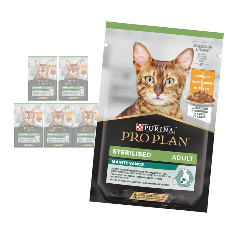 Hrana umeda pentru pisici Purina Pro Plan Adult Sterilised cu pui in sos, set 6x85g