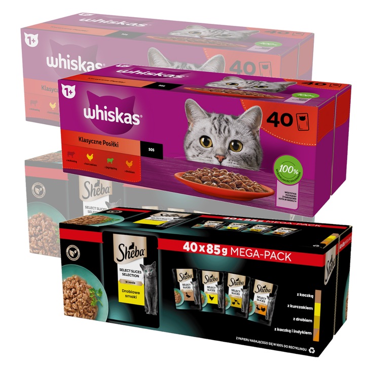Set hrana umeda pentru pisici Whiskas Classic Adult + Sheba Selection, 160x85g, arome: vita, pui, miel, pasare