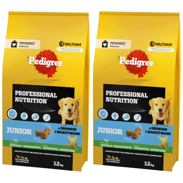 Hrana pentru caini, Pedigree, Junior Professional Nutrition, cu pui si legume, set 12kg + 12kg