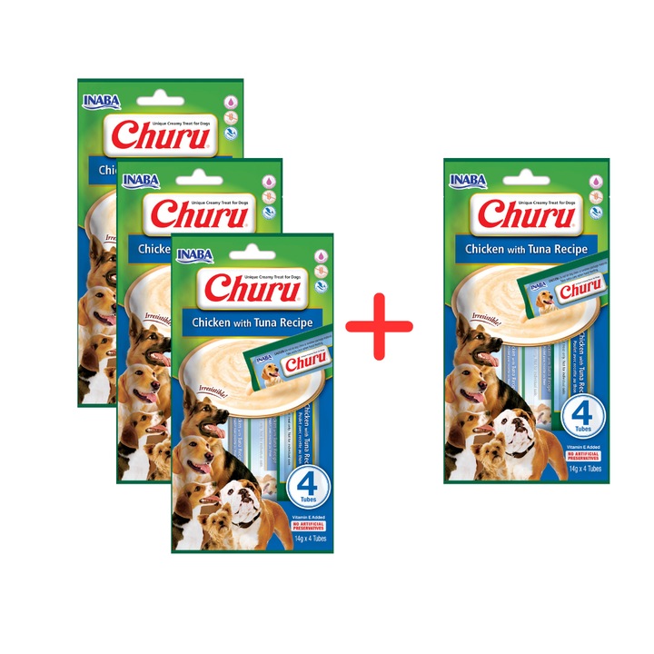 Pasta de recompensa pentru caini 4x56g cu pui si ton, Inaba Dog Churu 4p