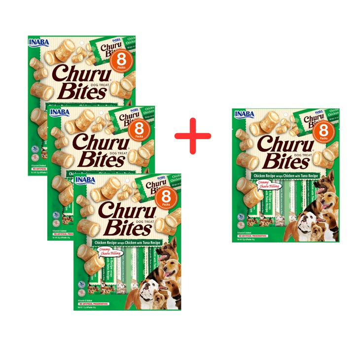 Recompensa pentru caini cu pui si ton, Inaba Dog Churu 4x96g