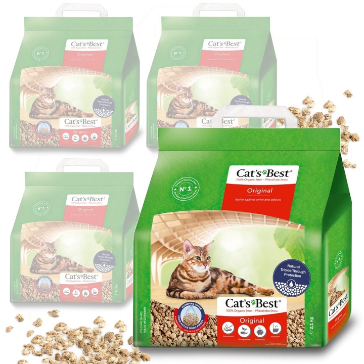 Asternut pentru pisici Cat's Best Original, 4x5L, absorbant, din fibre de lemn, 2,1kg
