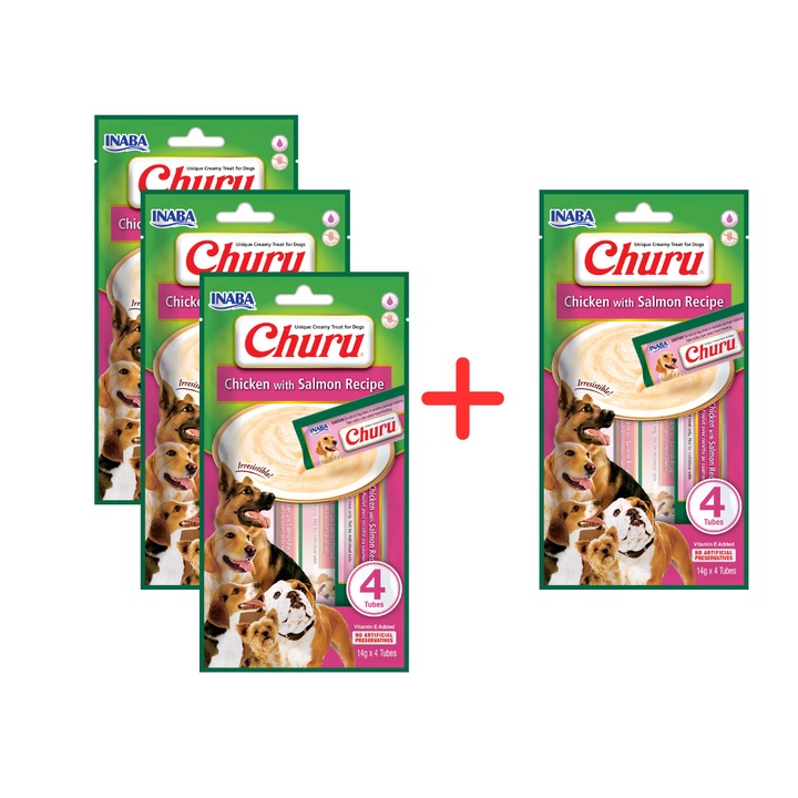 Pasta de recompensa pentru caini 4x56g cu pui si somon , Inaba Dog Churu 4p