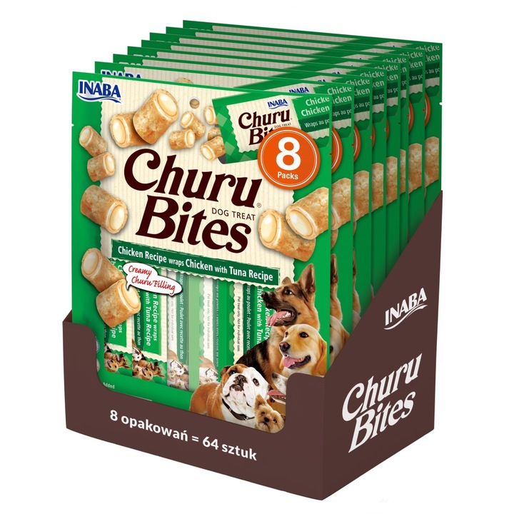 Recompensa pentru caini cu pui si ton Inaba Dog Churu Bites Chicken Wraps 8x96g