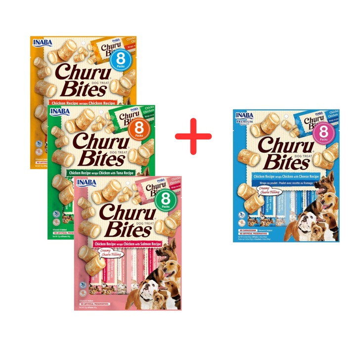 Biscuiti pentru caini Inaba Churu Bites, set 4x96g, pui, ton, somon, branza, textura cremoasa