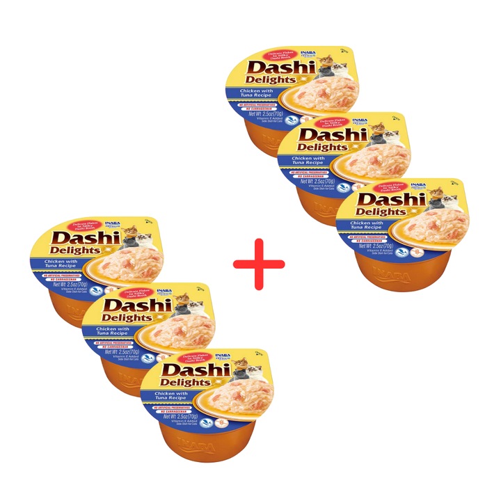Hrana complementara pentru pisici Inaba Cat Dashi Delights 6x70g, Supa de pui si ton 3+3 GRATIS