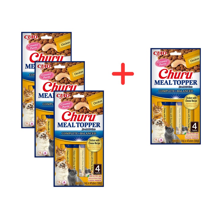 Pasta cremoasa pentru pisici cu pui si branza 3+1 GRATUIT, Inaba 4x56g