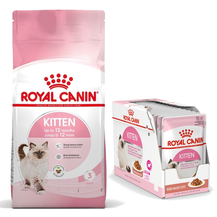 Hrana uscata pentru pisoi Royal Canin Fhn Kitten, 10 kg + 12 x 85 g hrana umeda in sos