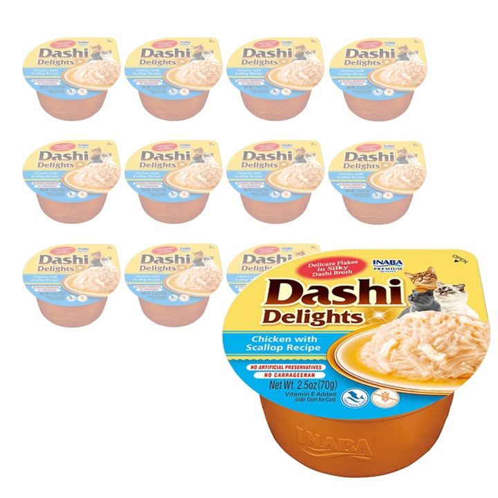 Inaba Dashi Delights set 12x70g, bulion cu pui si scoici, hrana umeda pentru pisici