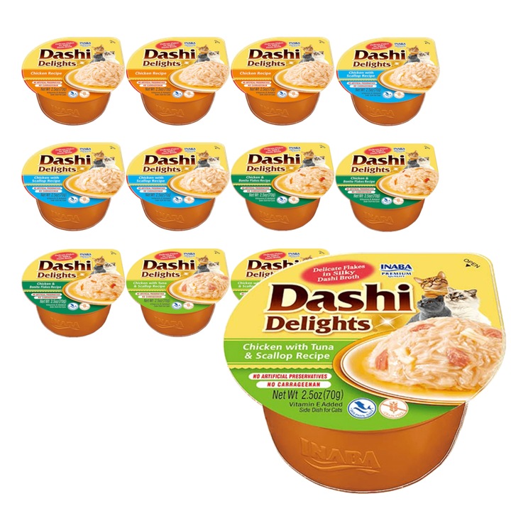 Inaba Dashi Delights Set 12x70g, hrana umeda pentru pisici, 4 arome, bulion de pui, fara cereale