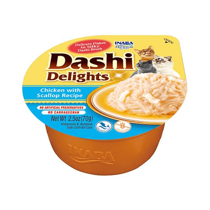 Hrana complementara pentru pisici Inaba Cat Dashi Delights 6x70g, Supa de pui si scoici Saint-Jacques