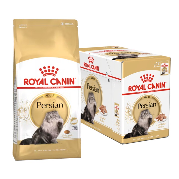 Royal Canin Persian Adult 10kg + 12x85g Set hrana pentru pisici, sanatatea pielii, prevenirea formarii ghemotoacelor de par, multicolor