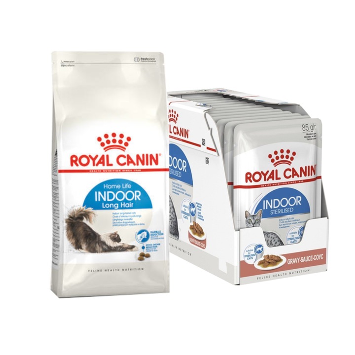 Hrana pentru Pisici Royal Canin Set Indoor Long Hair 10kg + Indoor Sterilized 12x85g
