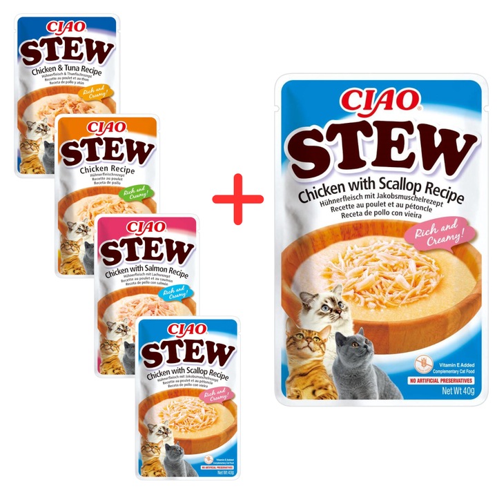 Inaba Cat Ciao Stew 4+1 (5x40g) Set hrana umeda pentru pisici, cu pui, ton, somon, scoici, multicolor