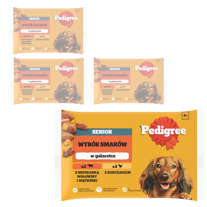 Pedigree Senior, set 16x100g, carne de vita si ficat de pui in jeleu, pentru caini seniori