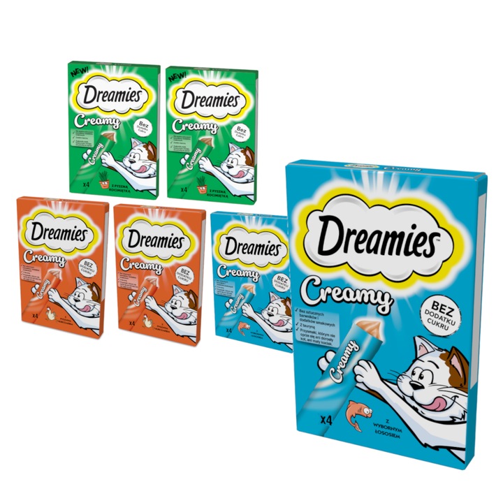 Recompense cremoase pentru pisici Dreamies Creamy, 24 x 10 g, amestec de arome