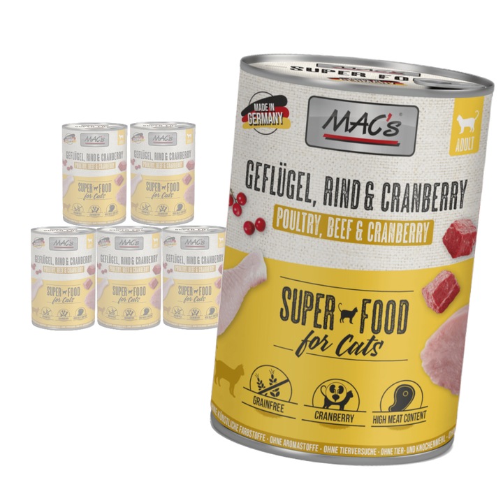 Crema umeda pentru pisici, MAC, Drob cu carne de pasare si vita, 6x400g, cu merisor