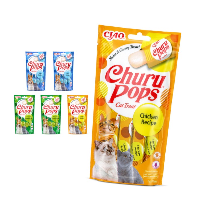 Prajitura Crema pentru Pisici, Mix Gusturi, Pui si Ton, Inaba Churu Pops Set 6x60g