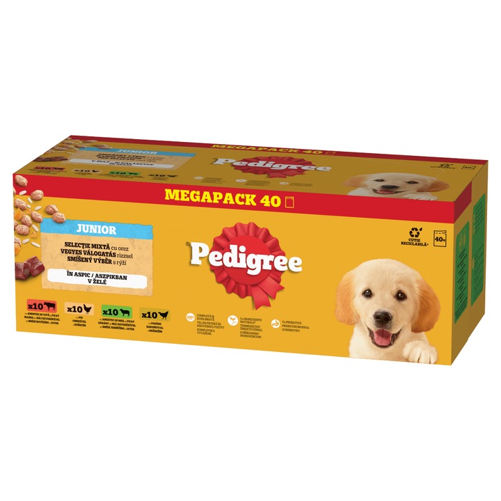 Hrana Umeda pentru Catei cu Vita, Pui, Miel, Orez, Jeleu, Pedigree Junior, Selectie de Arome, 120x100g