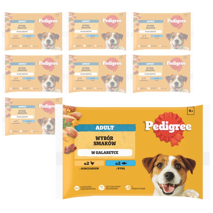 Mancare umeda pentru caini, Pedigree, Adult, set 32x100g, pui si peste, in jeleu