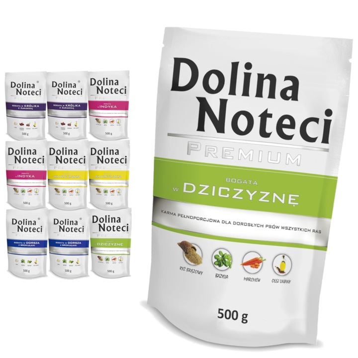 Set 10 x 500g hrana umeda pentru caini Dolina Noteci Premium, cu peste si broccoli, iepure si merisoare, pui, curcan, vanat