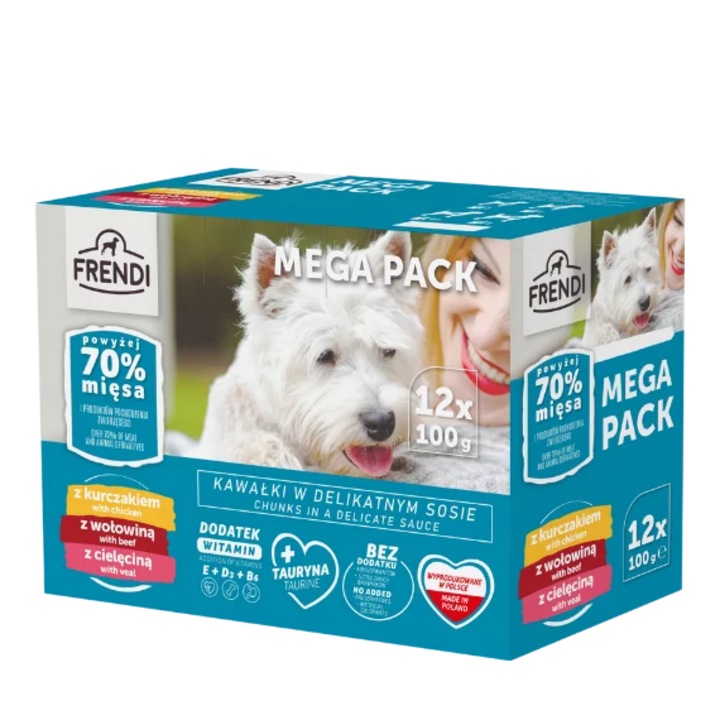 Set 12x100g hrana umeda pentru caini Frendi cu pui, vita si vitel in sos