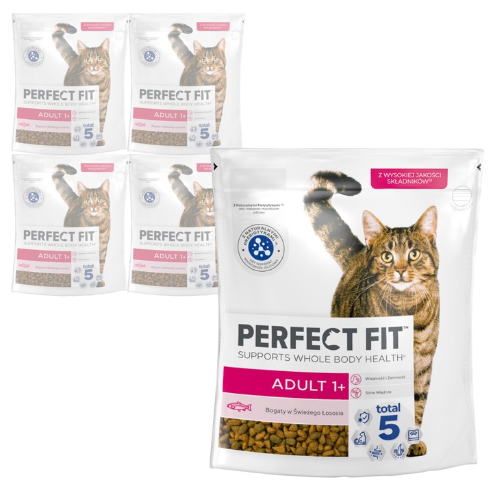 Set 5x750g Hrana Uscata, Perfect Fit Adult 1+, pentru Pisici, cu Somon