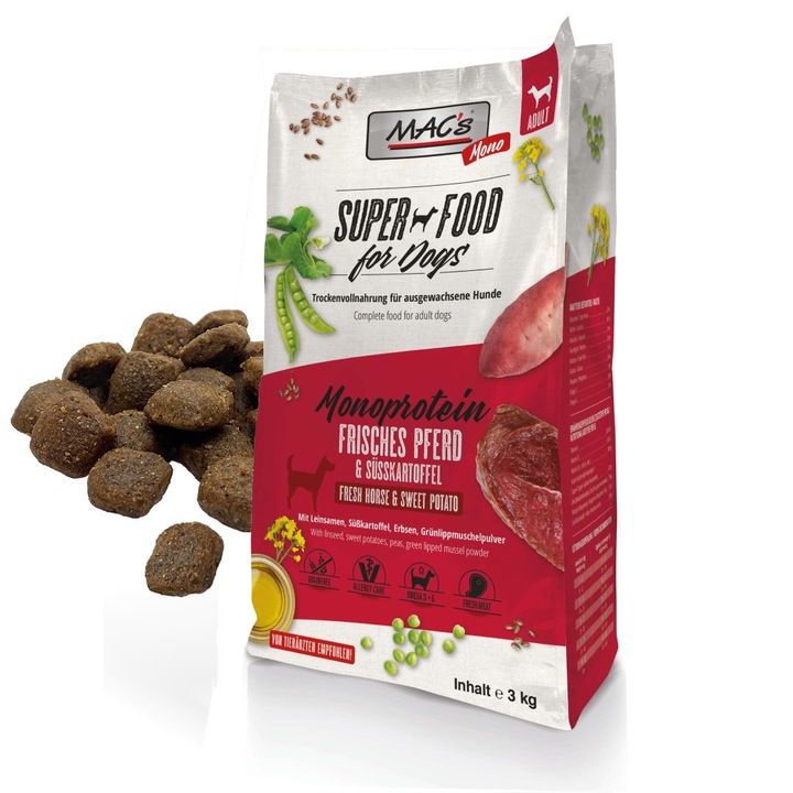 Hrana uscata monoproteica pentru caini MAC cu carne de cal, 3 kg, pentru caini predispusi la alergii