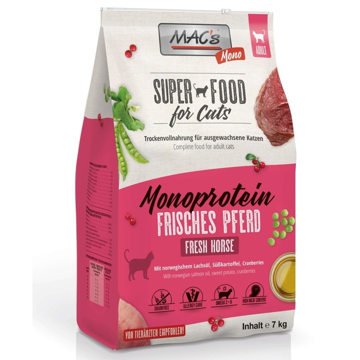 Hrana uscata pentru pisici MAC's Adult cu monoproteine, 7 kg, carne proaspata de cal