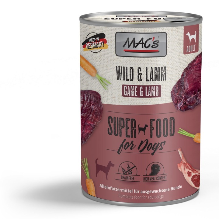 Hrana umeda pentru caini MAC's fara cereale, cu vanat si miel, 6x400g