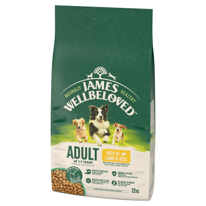 James Wellbeloved Adult 12kg hrana uscata pentru caini cu miel si orez, fara cereale, bogata in omega-3 si omega-6