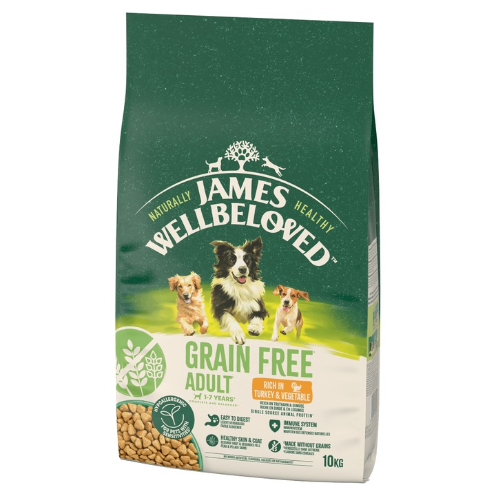 James Wellbeloved Adult 10kg hrana uscata pentru caini, fara cereale, cu curcan si legume, hipoalergenica