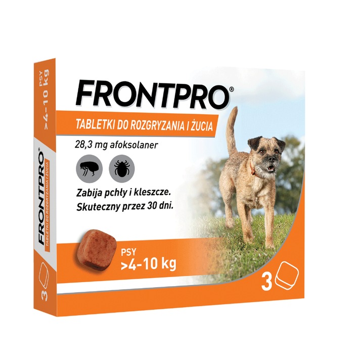 Tablete antiparazitare Frontpro pentru caini 4-10kg, 28mg, protectie impotriva puricilor si capuselor, usor de administrat