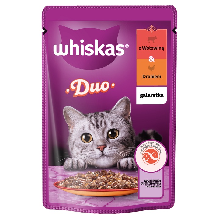 Whiskas Adult 85g, hrana umeda pentru pisici, bucati cu carne de vita si pui in gelatina, 100% completa si echilibrata