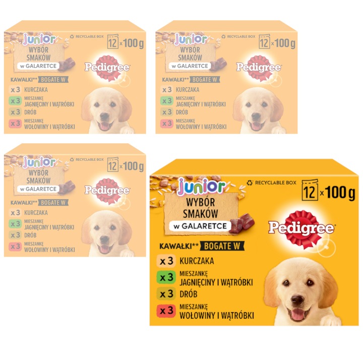 Set 4 cutii x 12 plicuri Pedigree Junior 48x100g hrana umeda pentru caini, mix 4 arome, cu carne de pui, miel, vita si organe