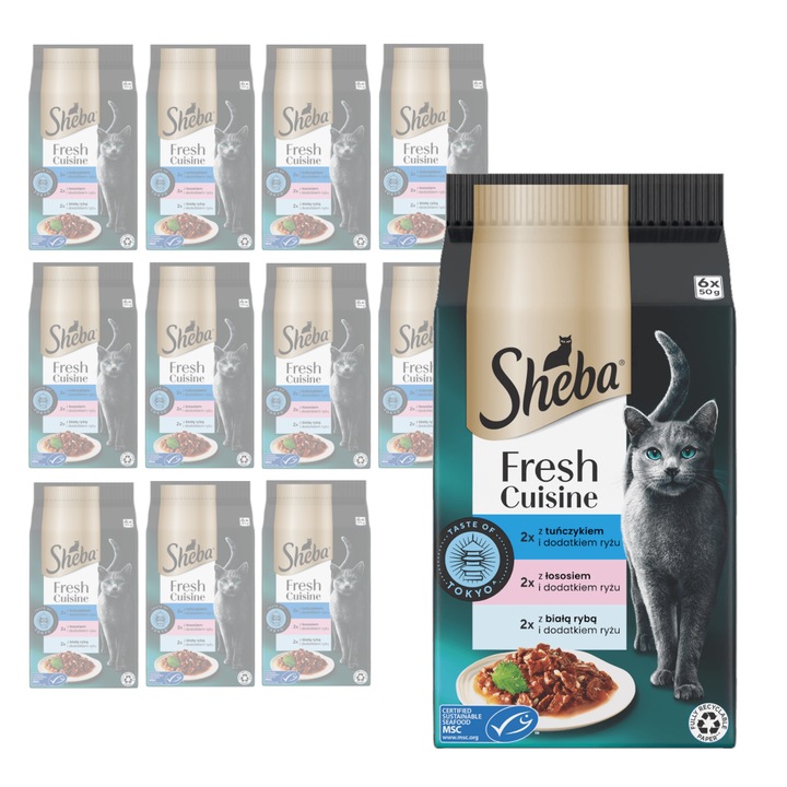 Set 72x50g Mancare umeda Sheba Fresh Cuisine pentru pisici adulti Ton, Somon, Peste alb, Orez