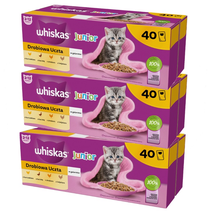 Hrana umeda completa pentru pisoi, Whiskas Junior Poultry Feast, in jeleu, 120 x 85 g