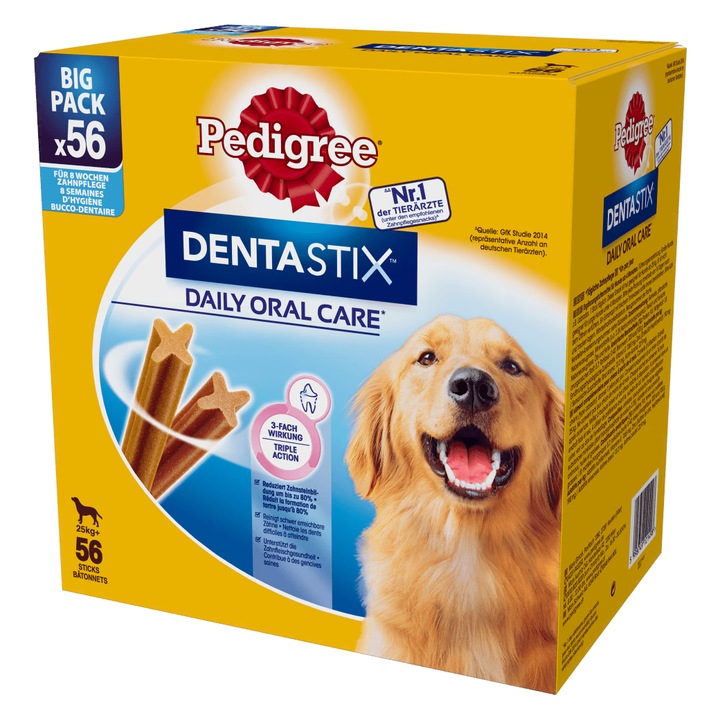 Biscuiti dentari pentru caini Pedigree DentaStix, rase mari, set 56 bucati (8x270g), reducere tartru, sanatatea gingiilor