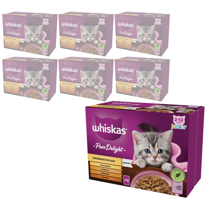 Set 84x85g, hrana umeda WHISKAS Junior pentru pisici, pui, curcan, rata, 100% naturala