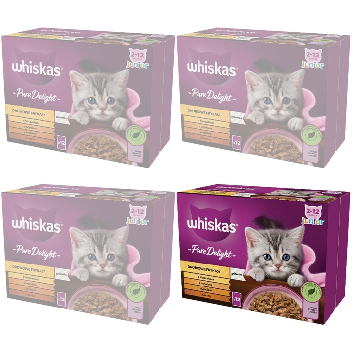 WHISKAS Junior Set 48 x 85g, carne de pui, curcan, rata