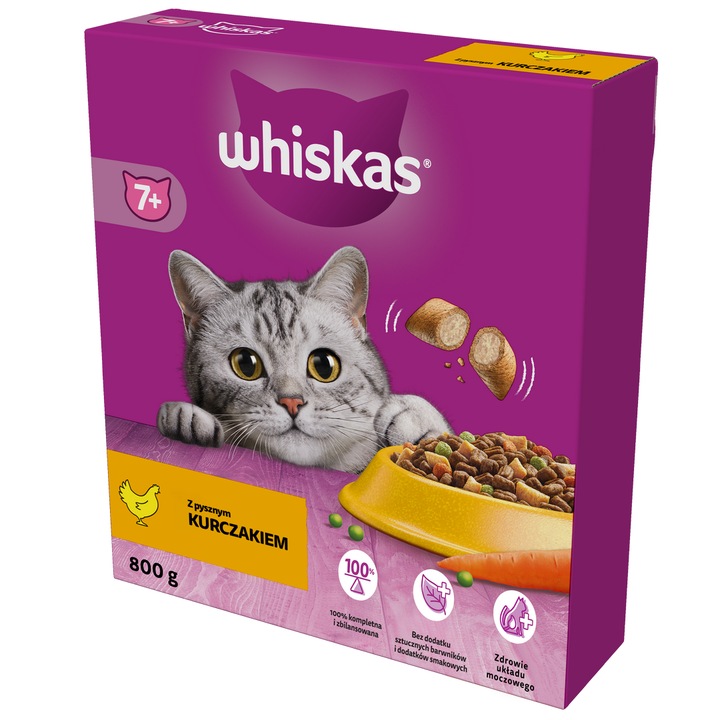 Whiskas Senior 800g, hrana completa pentru pisici, cu pui, 7+ ani, granule crocante