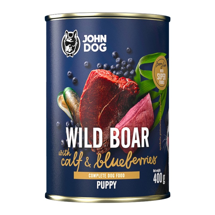Hrana umeda pentru caini John Dog, carne de mistret, vitel si fructe de padure, 400g