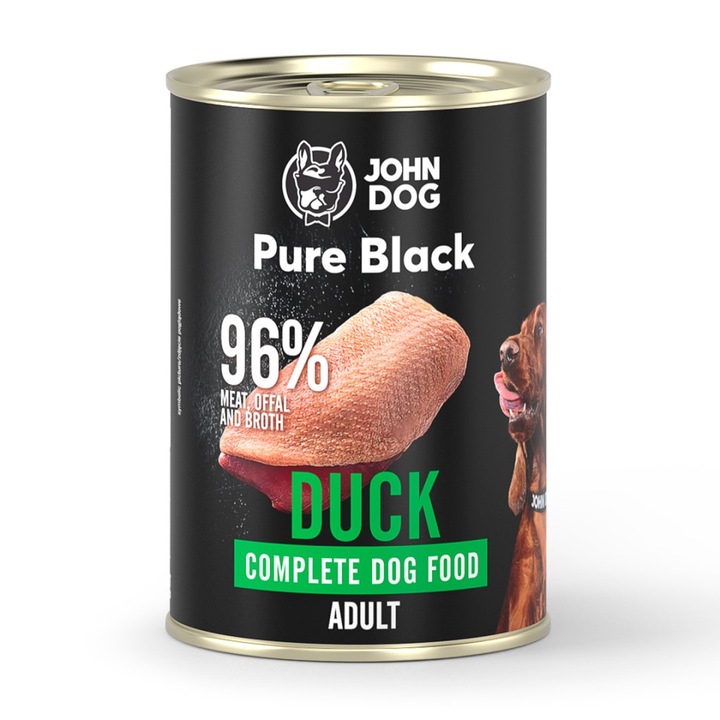 Hrana umeda pentru caini John Dog Pure Black, rata, 400g, 96% carne, fara cereale